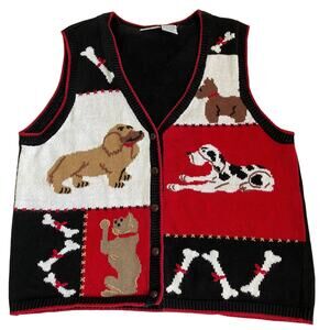 Capcity Sz 1X Vintage 90s Knit Sweater Vest with Dog Print Button-up Ramie Blend